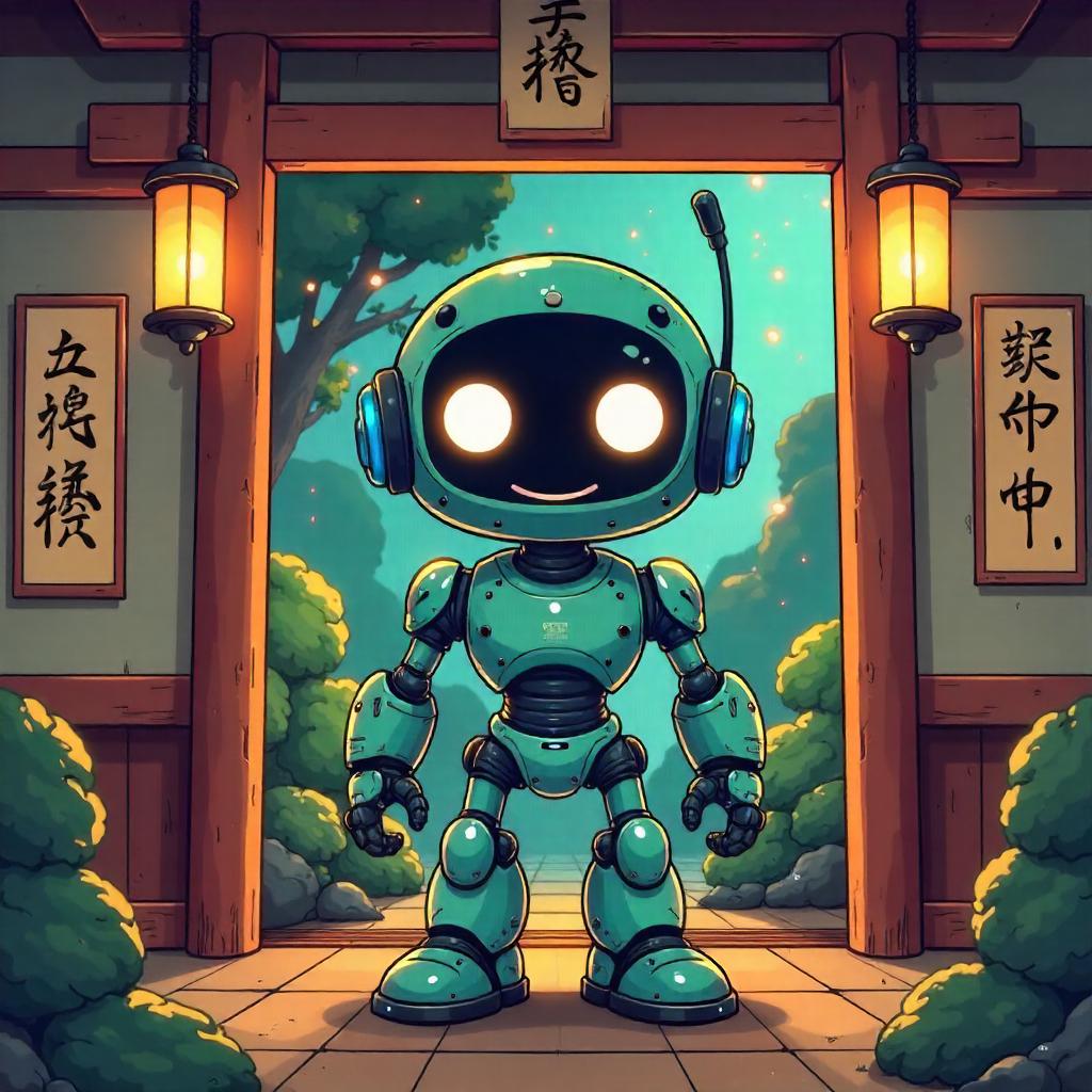 Whimsical Cyborg at a Shinto Shrine