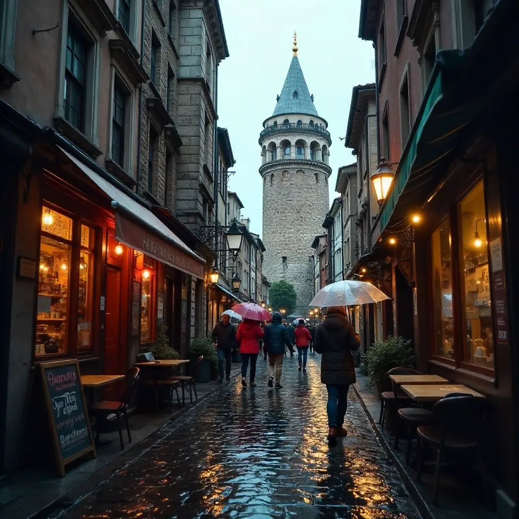 Rainy Istanbul Street With Galata Tower in View