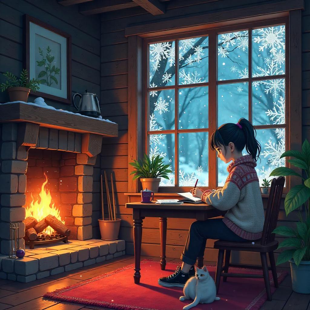 Ice Crystals in a Cozy Anime Cottage