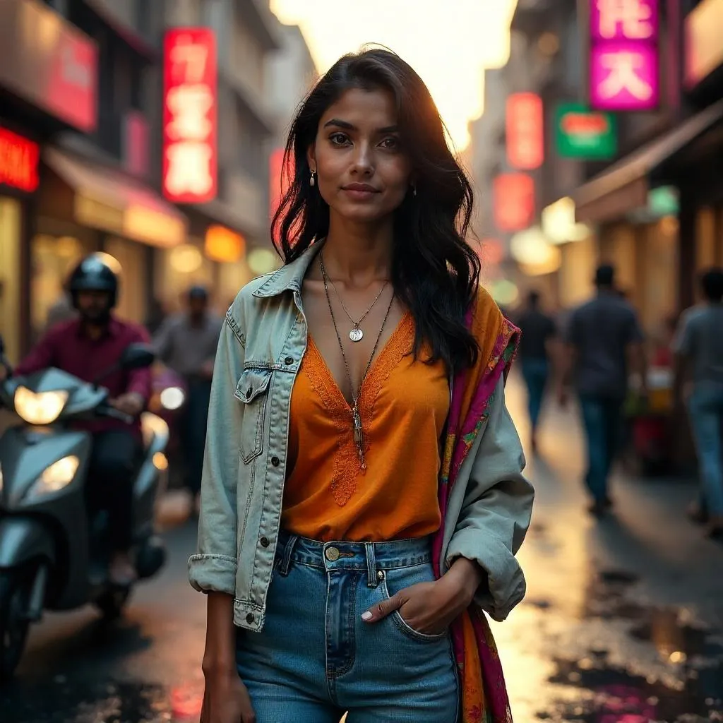 Photorealistic Indian Girl on a Bustling City Street