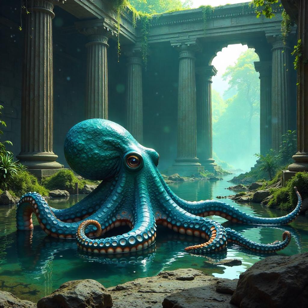 Octopus in Submerged Temple Ruins - Digital Art