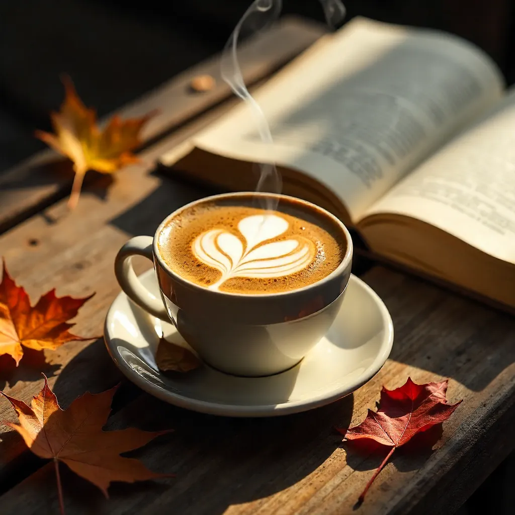 Latte Art by an Open Book Amid Autumn Leaves