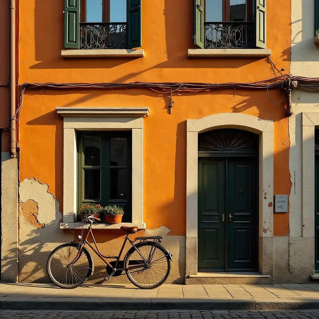 Orange Facade with Vintage Bicycle on European Street