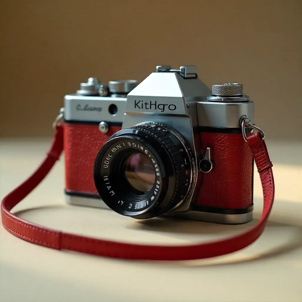 Close-Up Vintage Camera with Red Strap on Neutral Surface