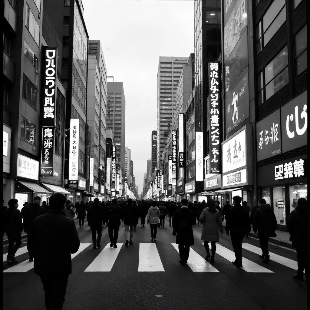Monochrome Tokyo Street: Crowds and Modern Skyscrapers