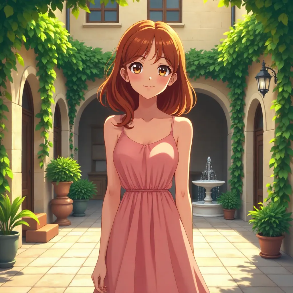 Courtyard Dawn: Anime Young Woman in Serenity