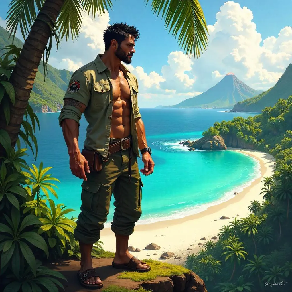 Strong Latino Man in Tropical Paradise – Concept Art