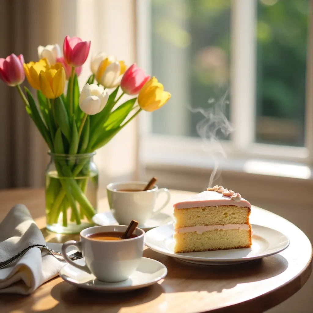 Serene brunch: cake slice, tulips, and chai tea