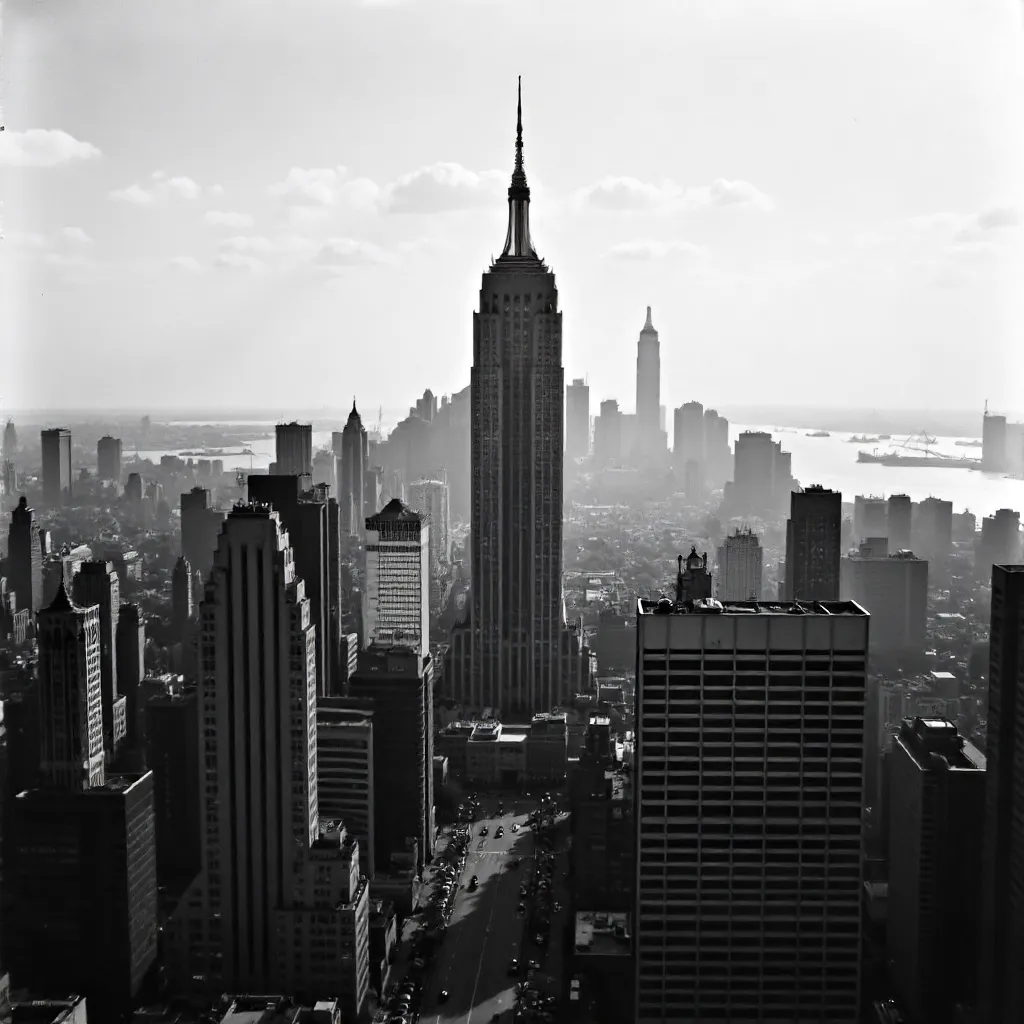 Black and White Empire State Among Manhattan Skyscrapers