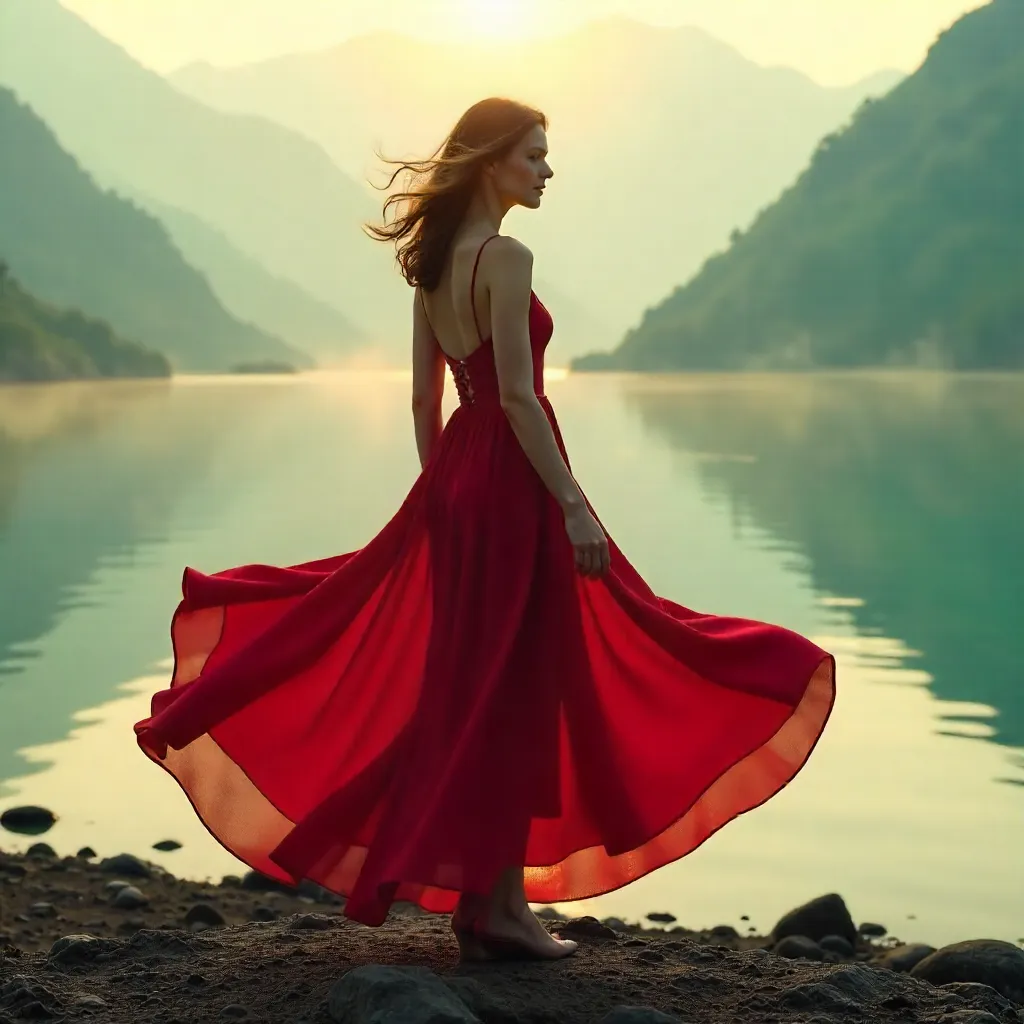 Silk Red Dress by a Misty Turquoise Lake