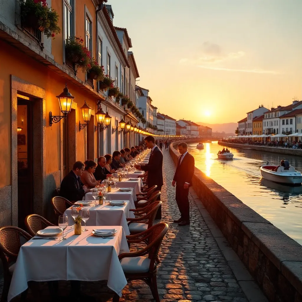 Golden Hour along Aveiro Canal: Outdoor Dining at Sunset