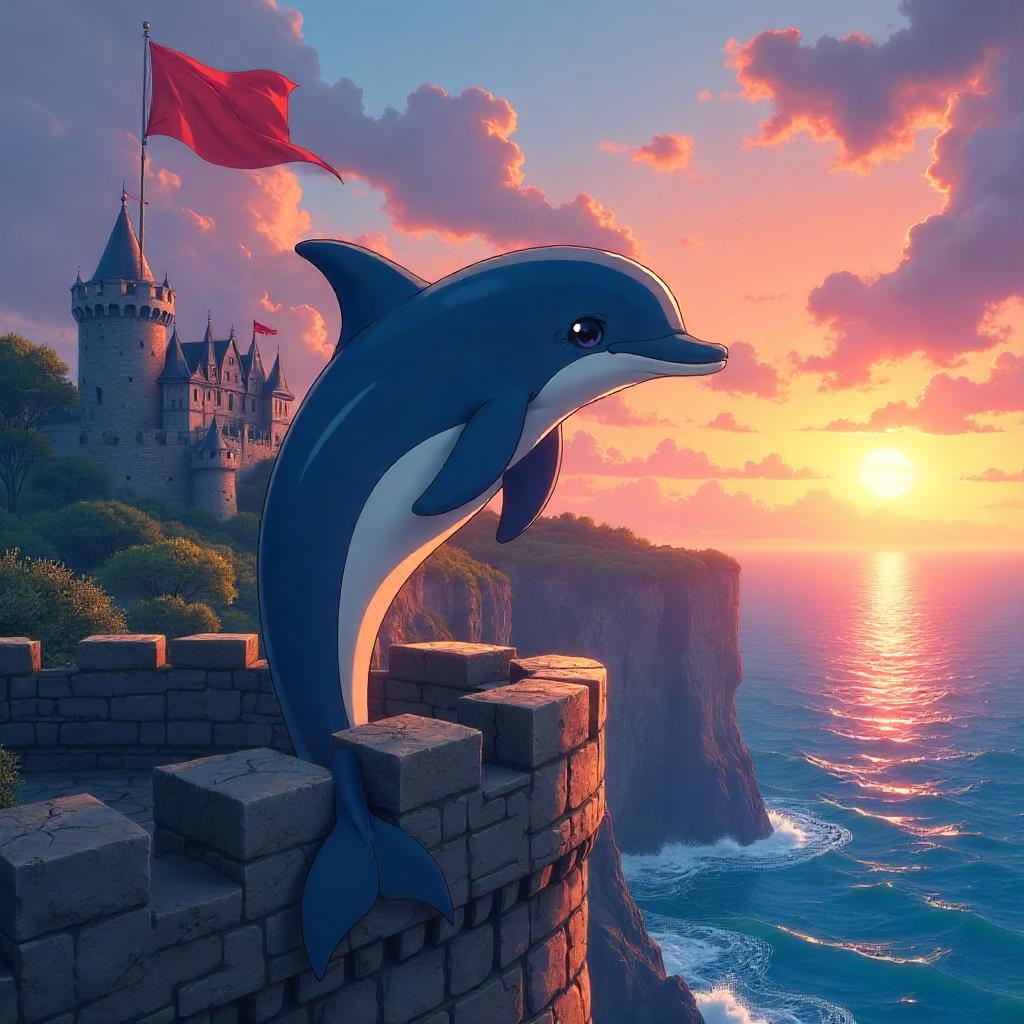 Dolphin Knight on Castle Battlements in Anime Style