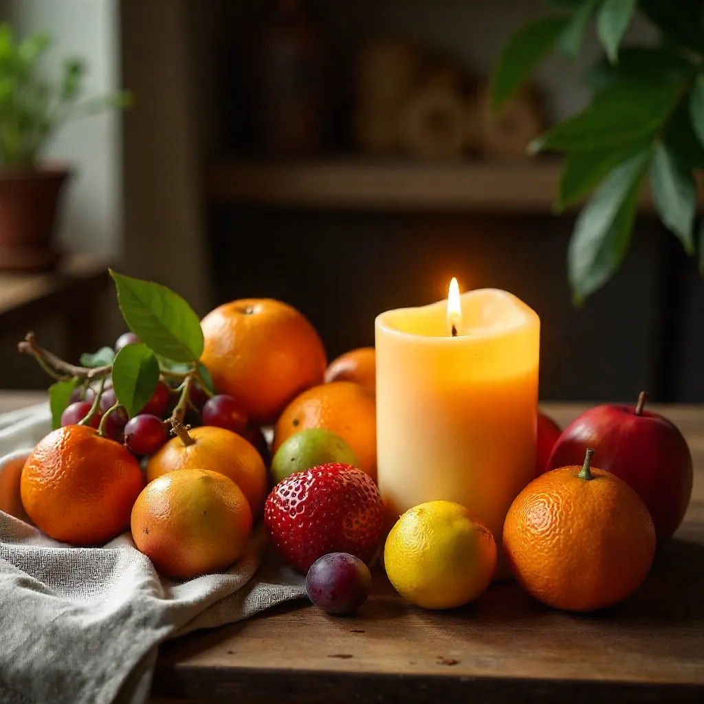 Cozy Still Life: Vibrant Fruits and Yuzu Candle