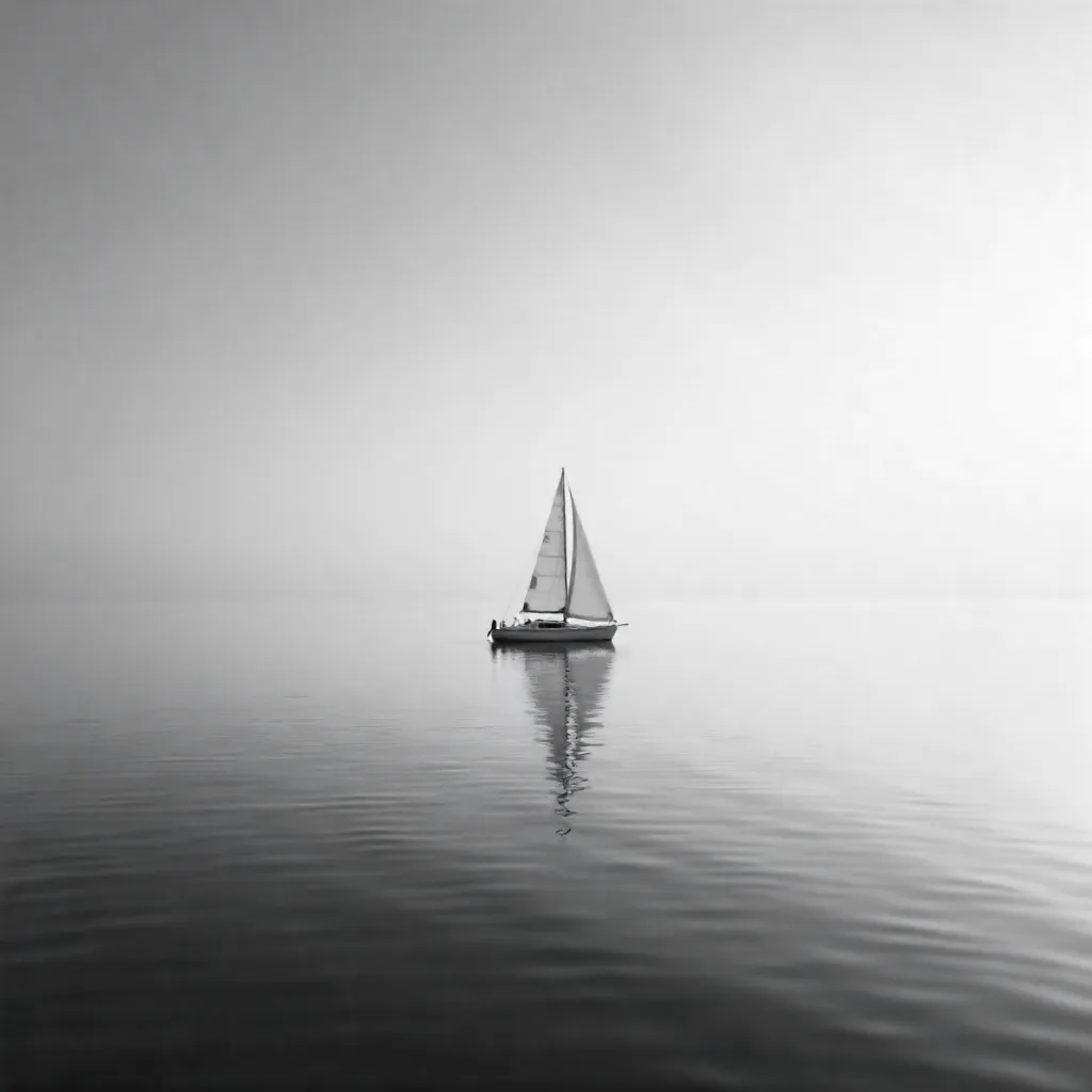 Solitary Sailboat on a Serene Black-and-White Sea