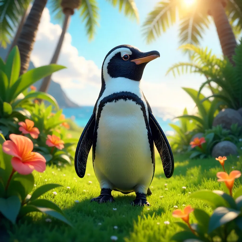 Humboldt Penguin Enjoying a Sunny Day Among Lush Greenery