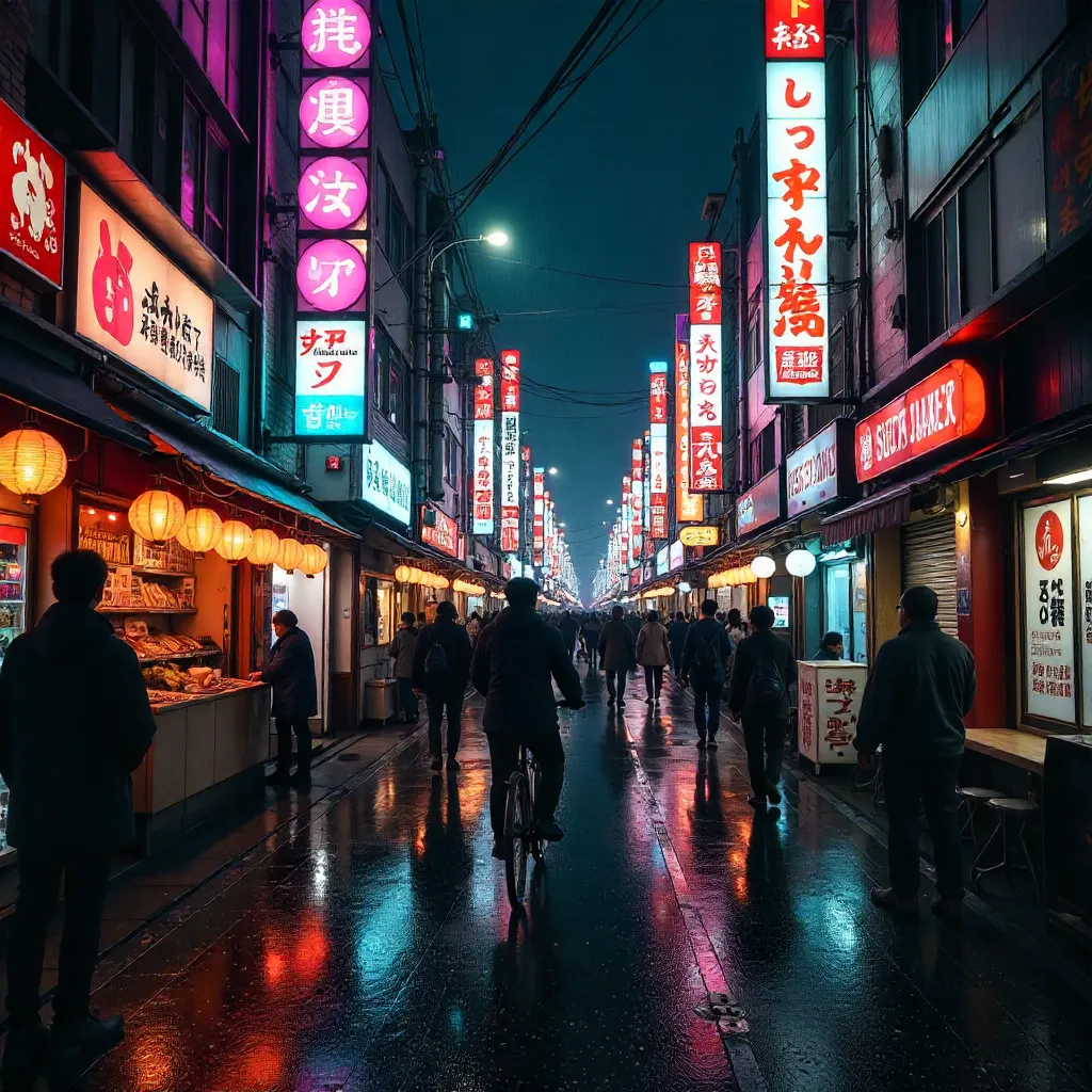 Neon Tokyo Night Street: Lanterns, Signs, and Life