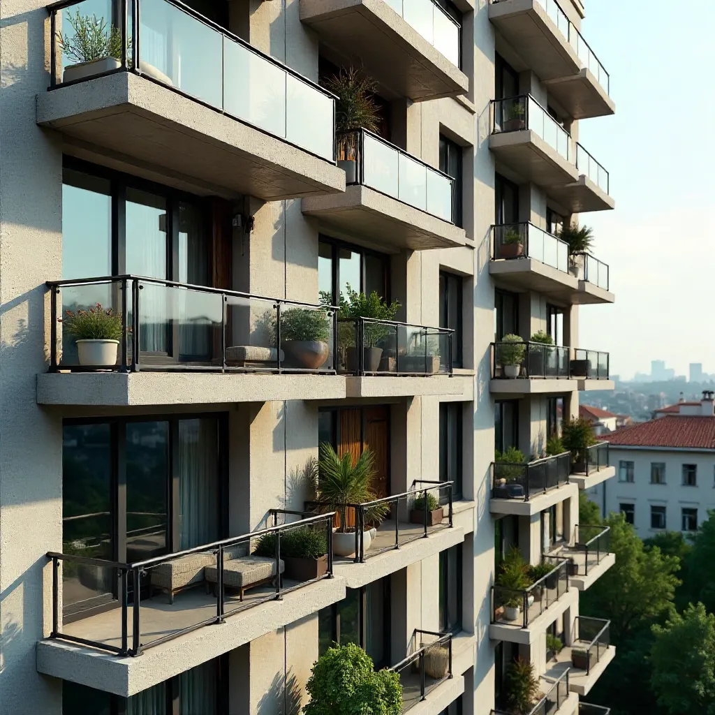 Close-Up View of a Modern Apartment Facade with Balconies