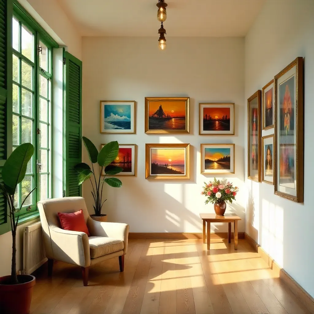 Cozy Indoor Art Gallery with Green Shuttered Windows