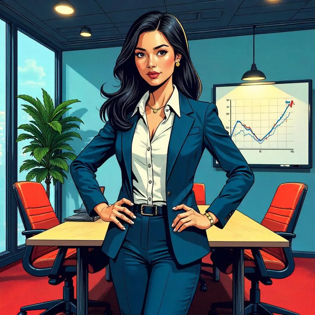 Confident Asian Woman Leads in Comic-Style Workspace