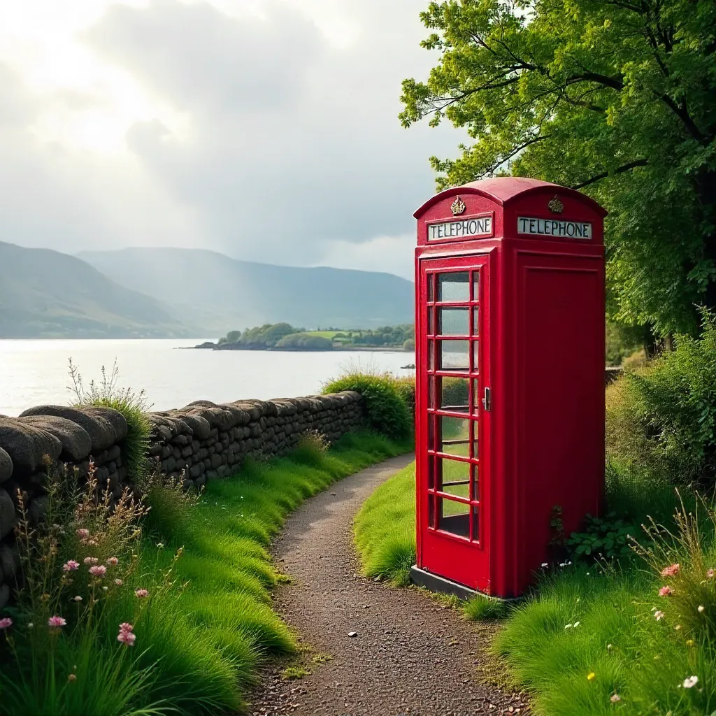 Red Telephone Box in Lush Scottish Greenery, Avoch