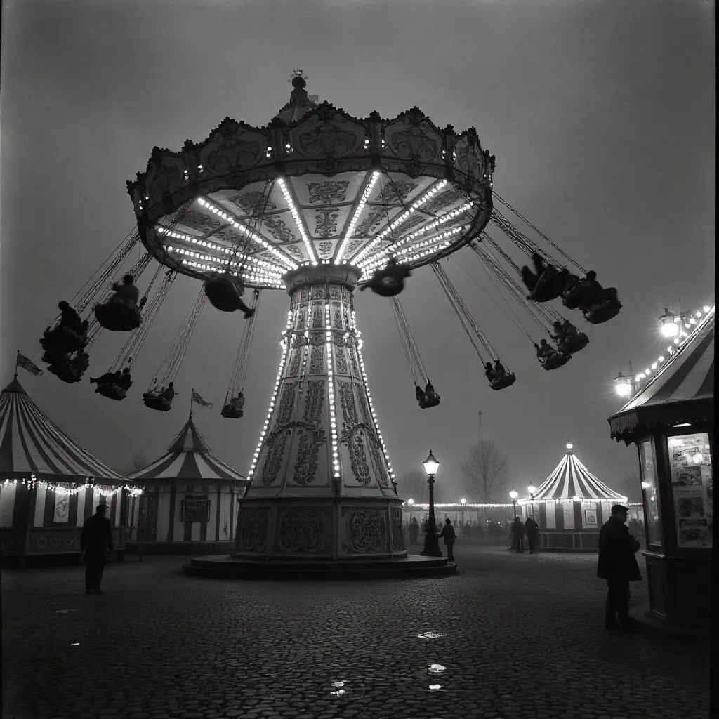 Vintage Black-and-White Swing Ride at a German Carnival