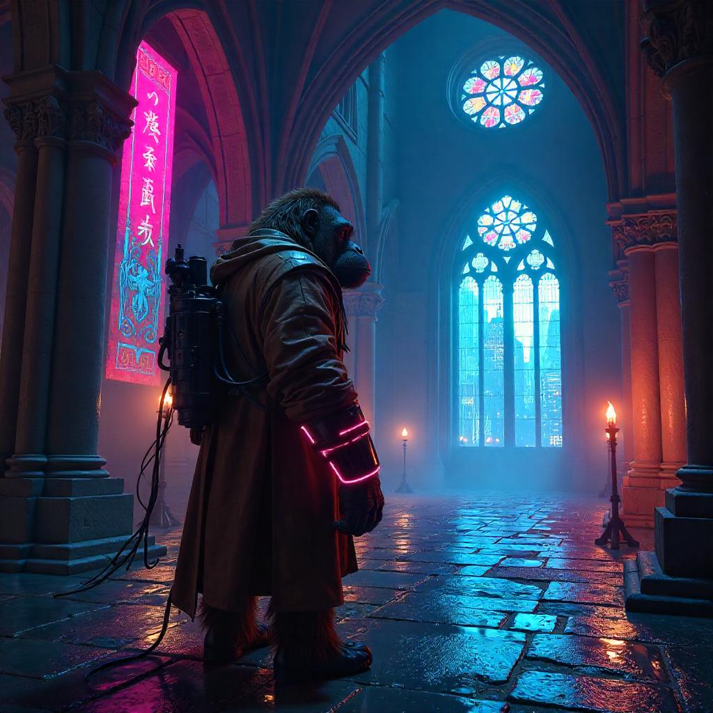 Neon Orangutan Knight in a Cyber Medieval Castle