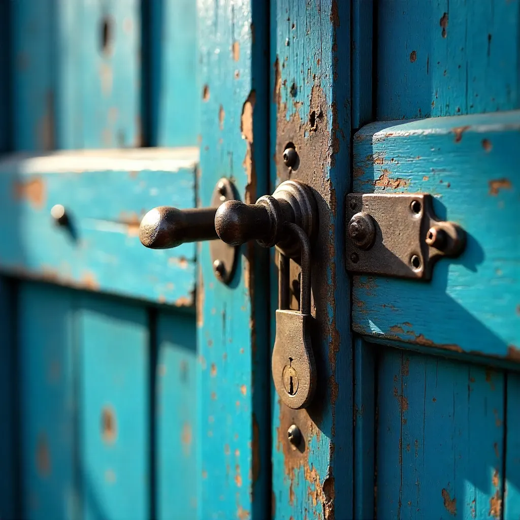Close-Up of Blue Wooden Door with Rustic Hardware