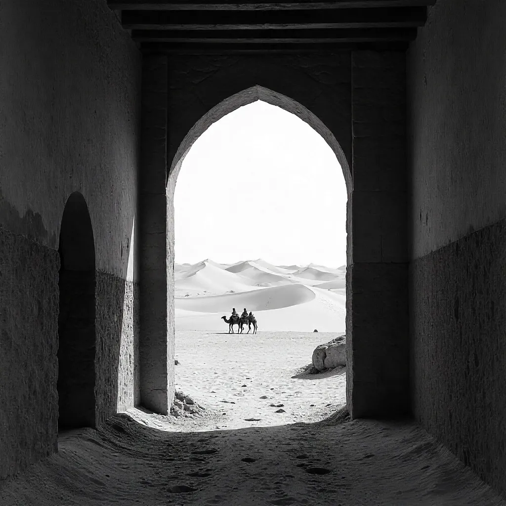 Through the Ruin: Black and White Merzouga Desert View