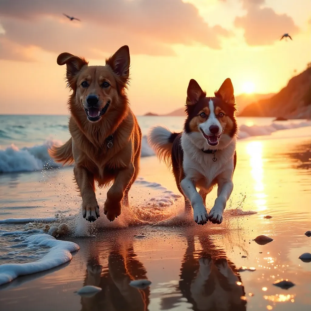 Sunrise Frolic: Two Dogs on the Beach