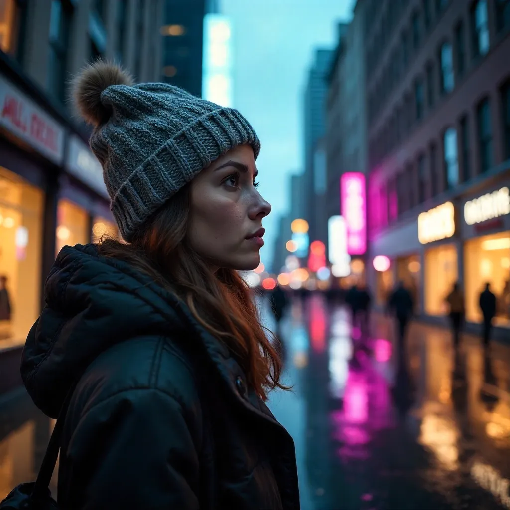 Thoughtful Beanie-Wearing Woman in a Modern City