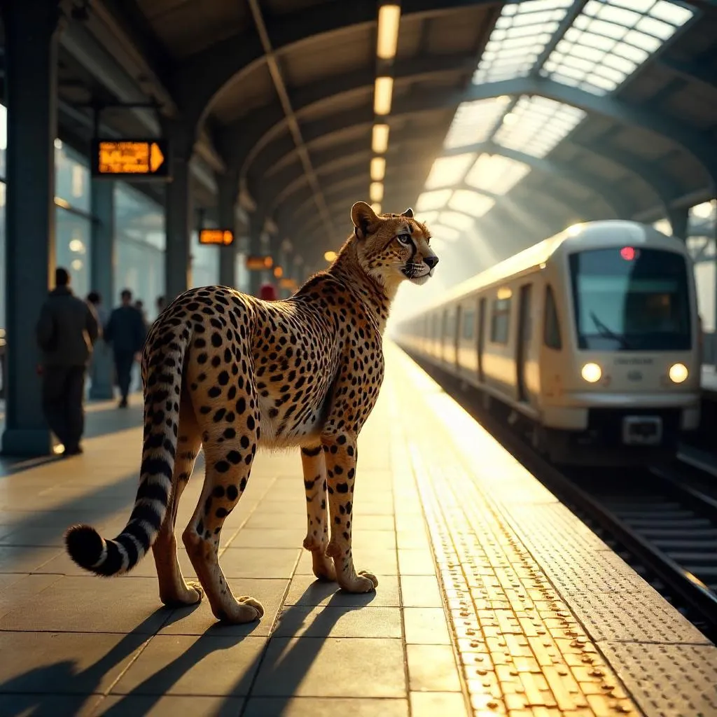 Photorealistic Cheetah at a Busy Train Station