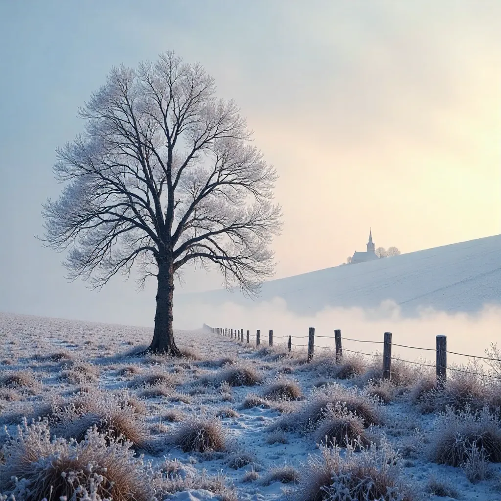 Lone Tree on a Frosty Czech Winter Field