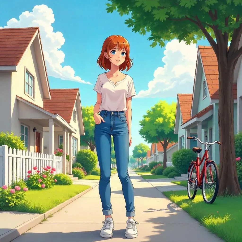 Anime Style: Suburban Street with a Young White Woman