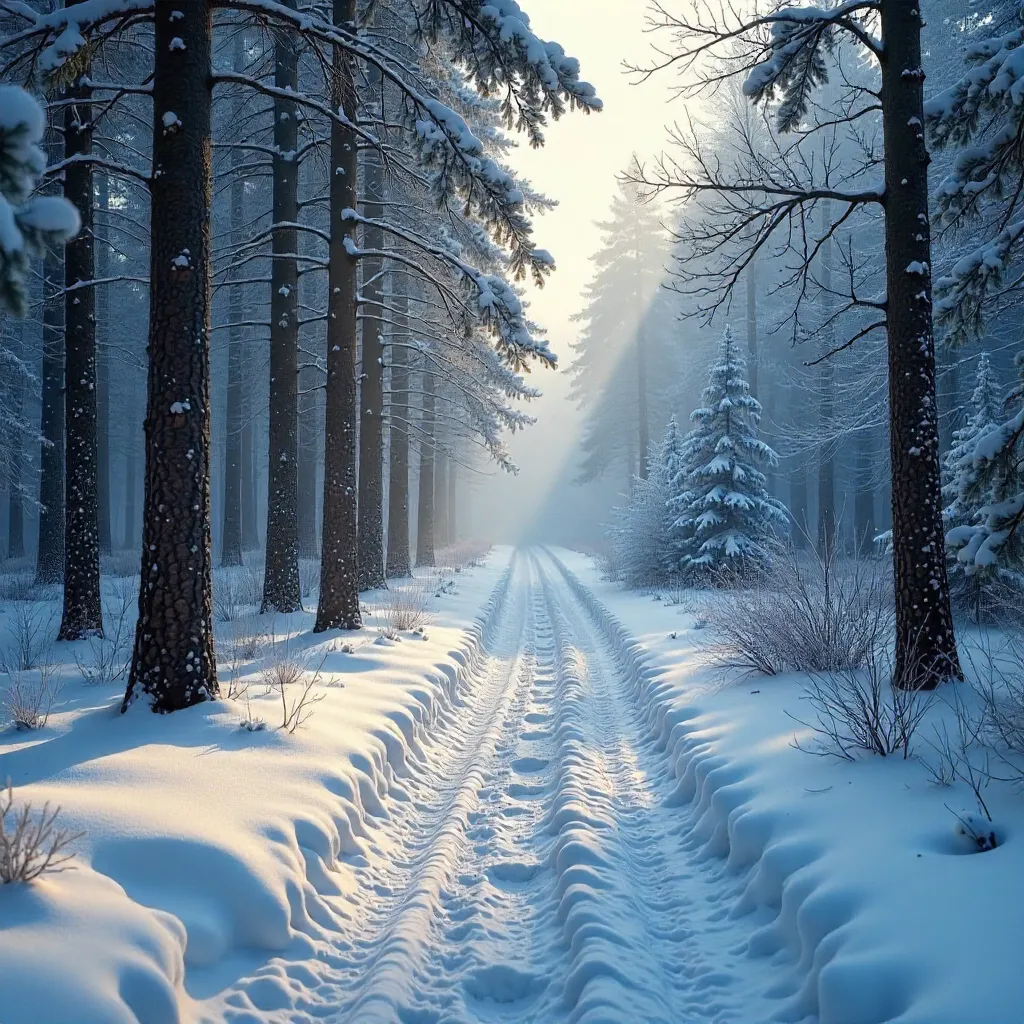 Tranquil Winter Forest Path in Gentle Snow