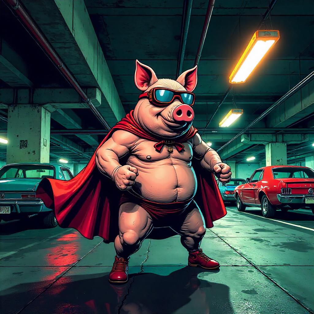 Pig Hero in Neon Parking Garage