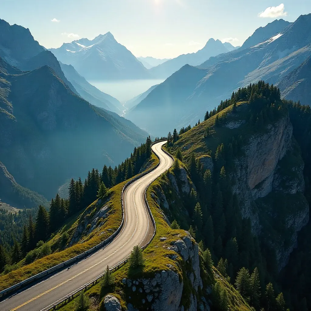 Aerial Winding Mountain Road Through Rugged Peaks