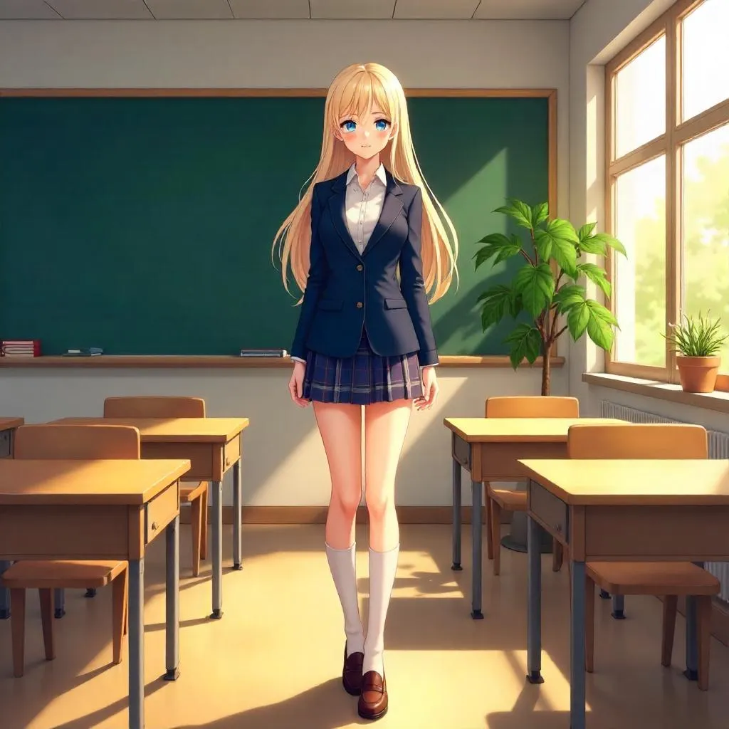 Elegantly Dressed Anime Student in Classroom