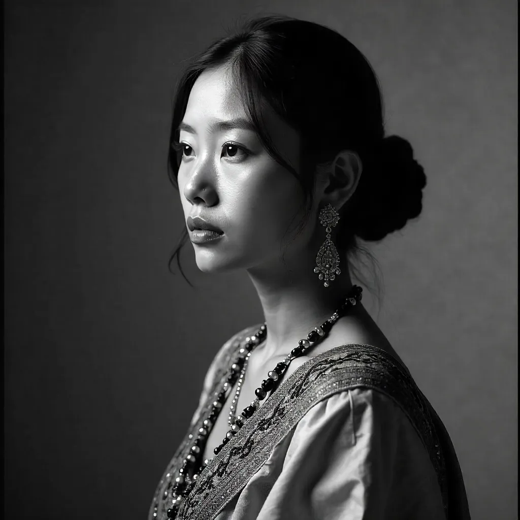 Monochrome Portrait in Traditional Attire with Serene Gaze