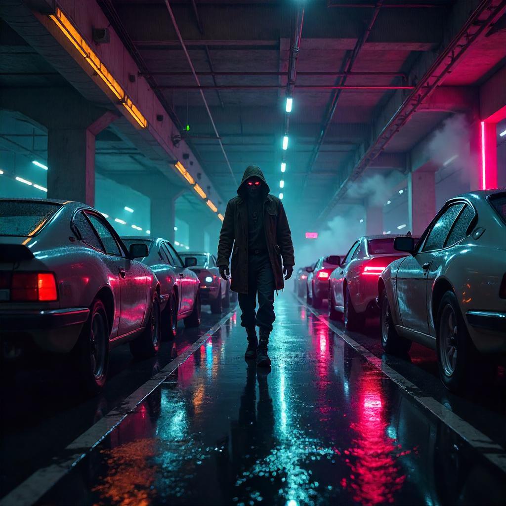 Neon-Lit Parking Garage Zombie in Cyberpunk Night