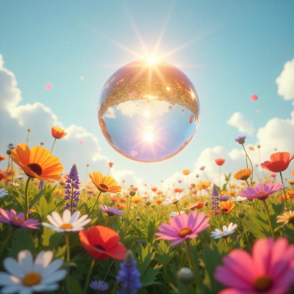 Spirit Orb Floating Above a Flower Field - 3D Render