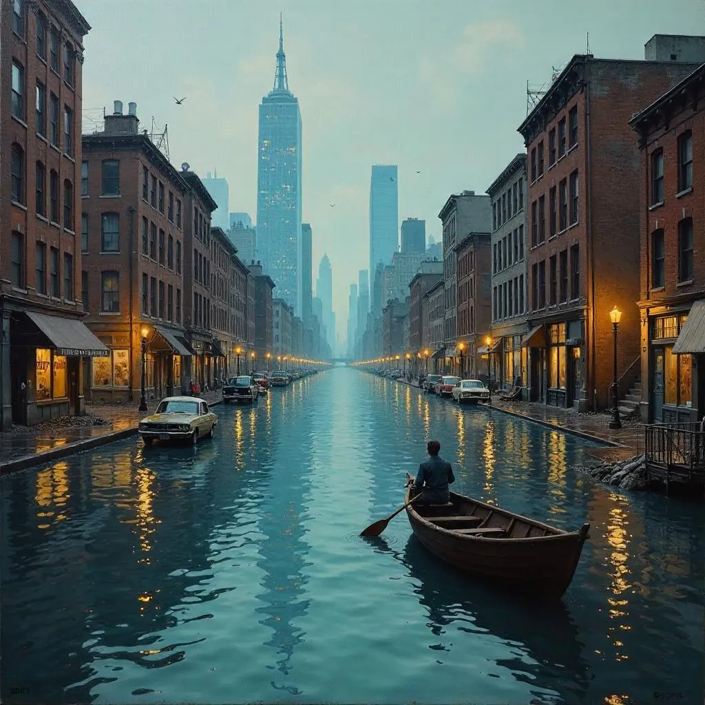 Oil Painting of a River Through a Flooded City