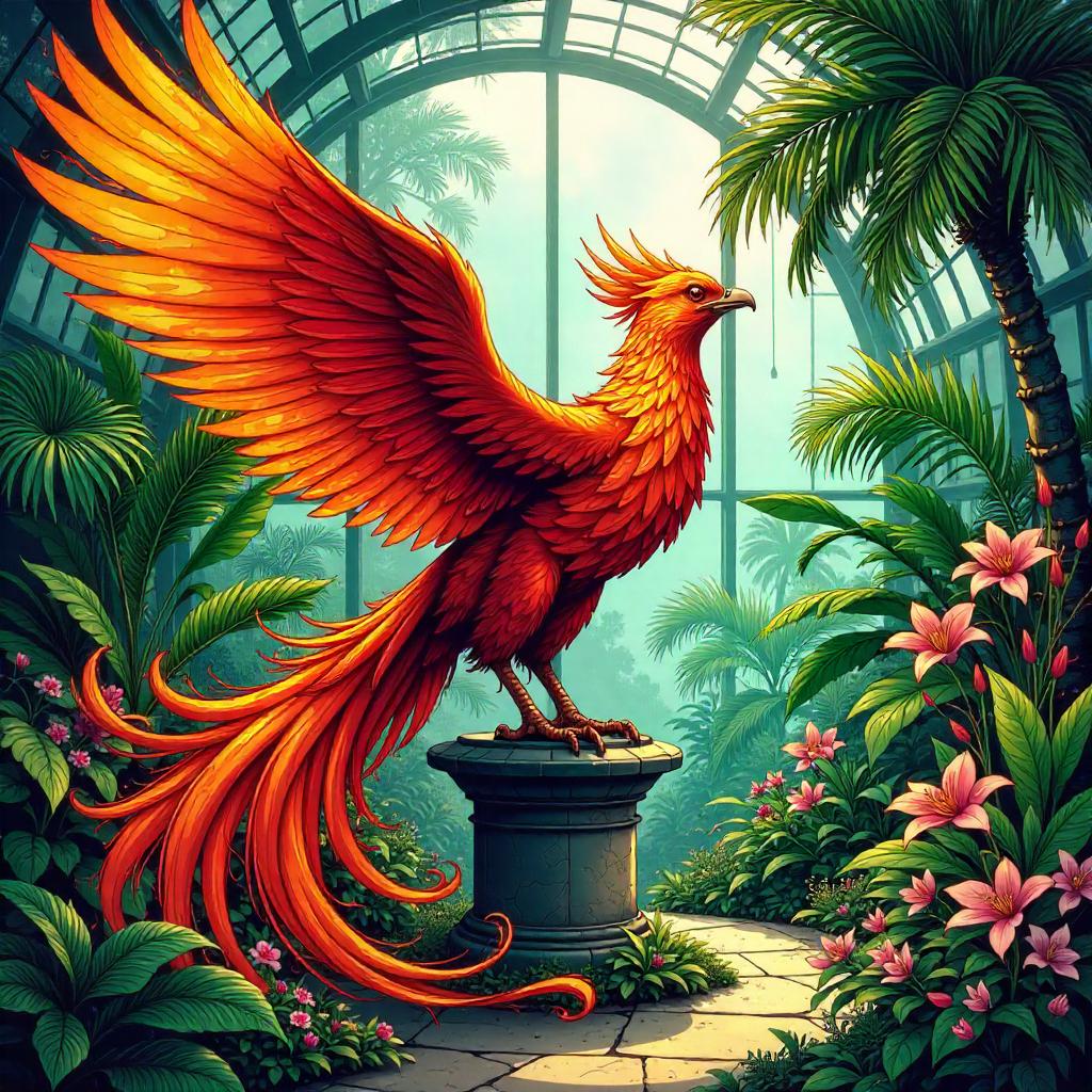 Comic-Book Phoenix in a Lush Botanical Garden