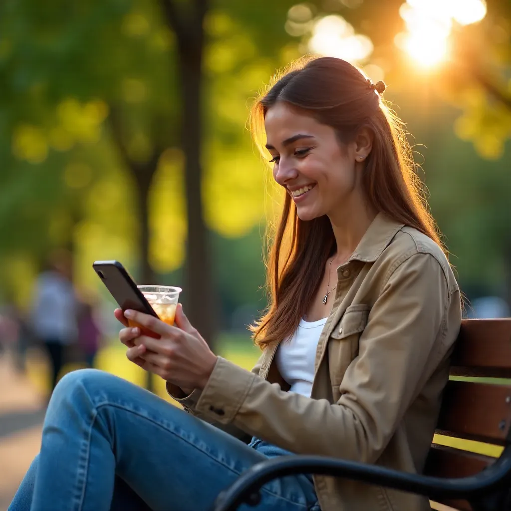Young Adult Outdoors: Smartphone and Beverage Break