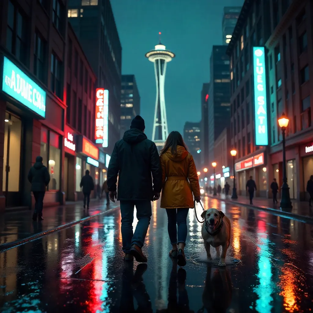 Rainy Seattle Evening: Couple, Dog, Neon Traffic
