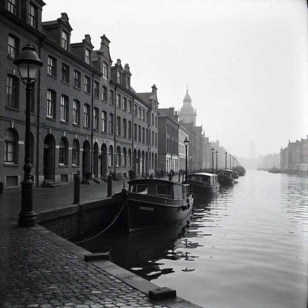 Black and White Waterfront: Historic Riverside Buildings