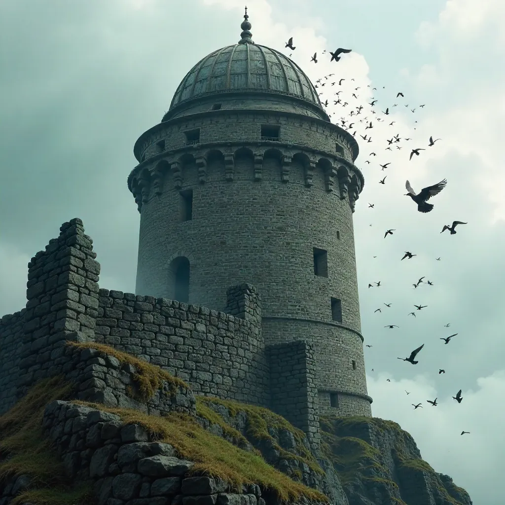 Birds Over a Dome-Topped Stone Tower