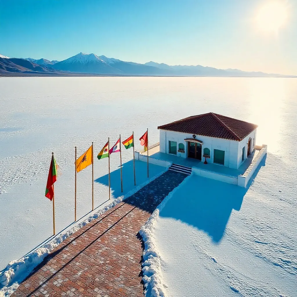Aerial Uyuni Salt Flats: Flags and Salt Architecture