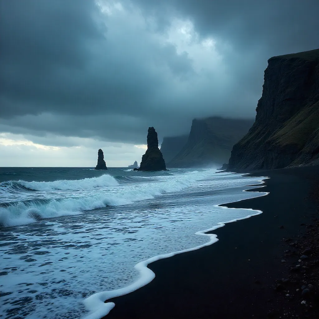 Moody Ocean View: Reynisdrangar Sea Stacks Under Clouds