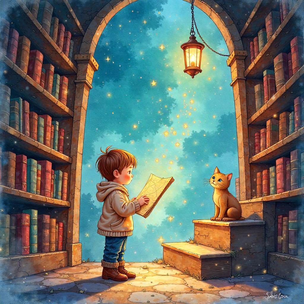 Whimsical Watercolor Child in a Magical Library