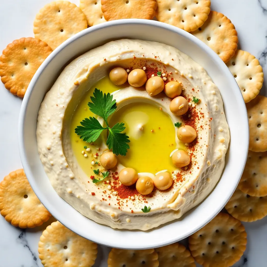 Creamy Hummus Flat Lay with Chickpeas and Crackers